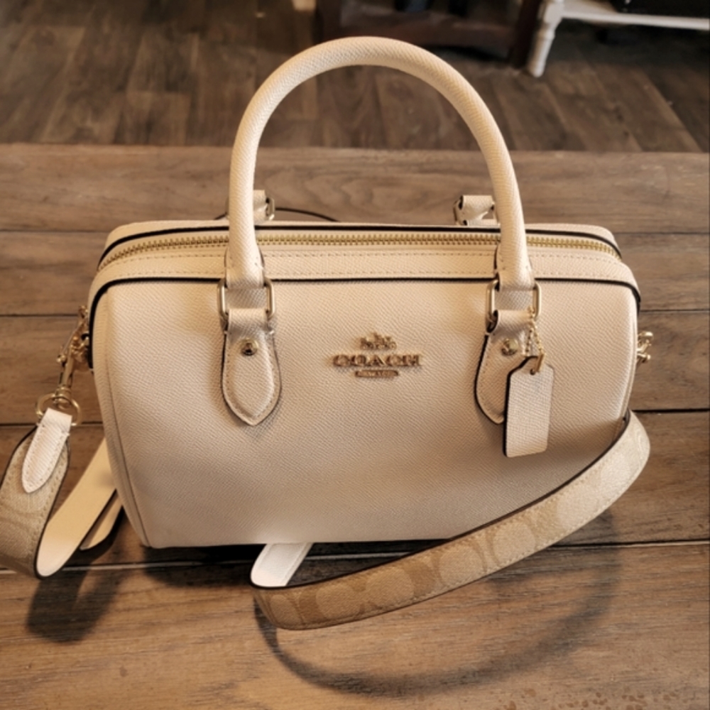 Coach Rowan Crossgrain leather satchel. Gold hardwear. Chalk color. Like new.
